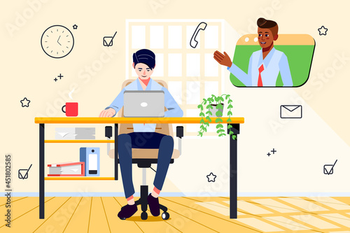 Man having conference call with her colleague online. Office worker using laptop for remote work meeting. Concept for remote job, online chat, telecommuting, new normal. Cartoon vector illustration.