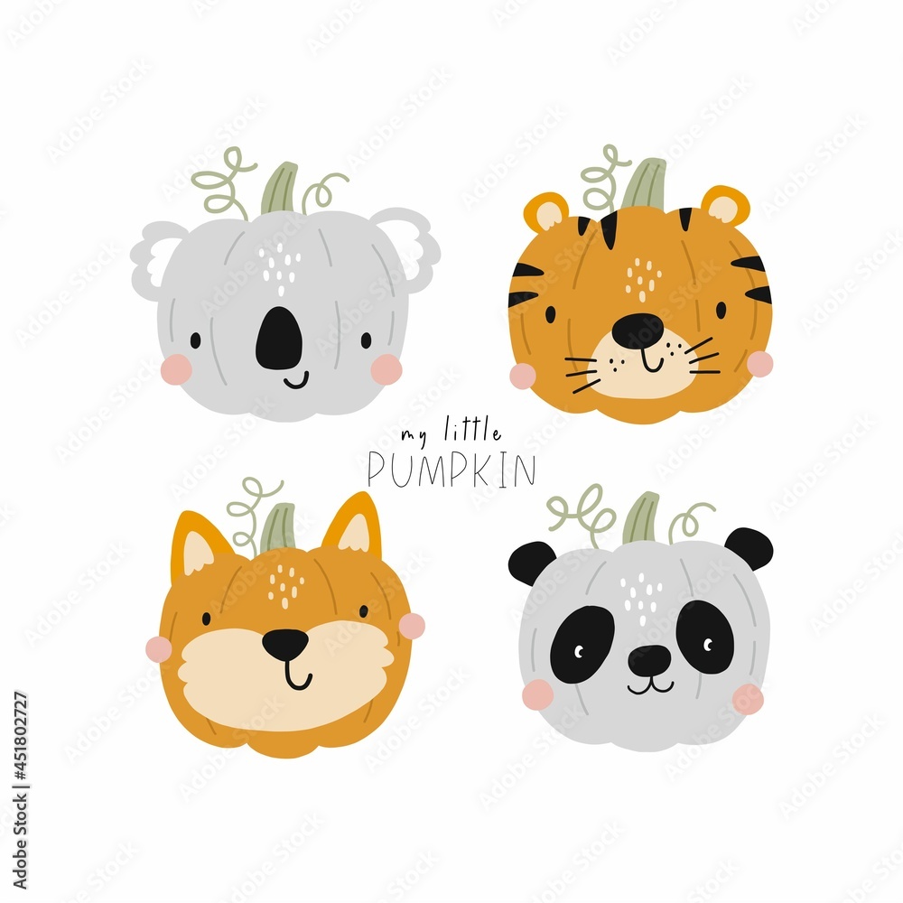 Cute cartoon pumpkin with animal face. Halloween party decor for children. Cute fox, bear, koala, sloth, tiger, panda, raccoon and hand drawn lettering quote
