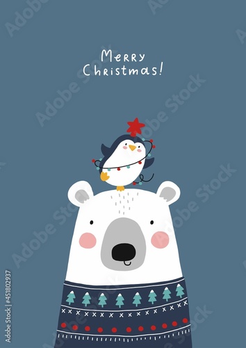 Merry Christmas and Happy New Year vector print with cute cartoon penguin, christmas garland and bear in christmas sweater