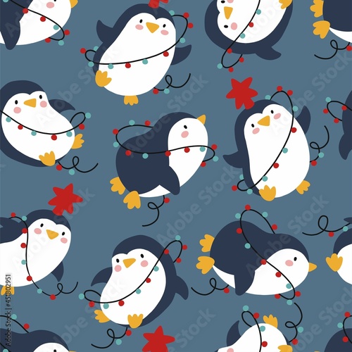 Merry Christmas and Happy New Year vector seamless pattern with cute cartoon penguin and christmas garland.