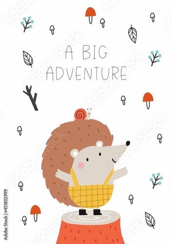 Cute hand drawn animals camper in scandinavian style. A big adventure with animals cartoon character hedgehog - vector print