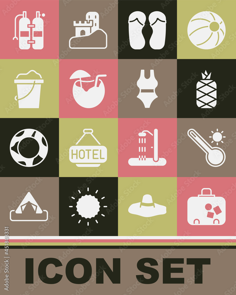 Set Suitcase, Meteorology thermometer, Pineapple, Flip flops, Coconut cocktail, Sand bucket, Aqualung and Swimsuit icon. Vector Set Suitcase, Meteorology thermometer, Pineapple, Flip flops, Coconut cocktail, Sand bucket, Aqualung and Swimsuit icon. Vector