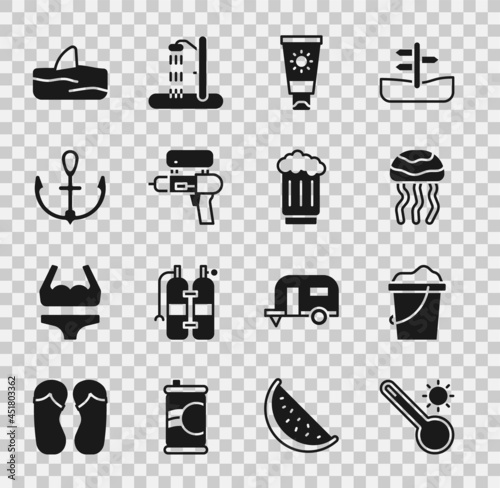 Set Meteorology thermometer, Sand in bucket, Jellyfish, Sunscreen cream tube, Water gun, Anchor, Shark fin ocean wave and Wooden beer mug icon. Vector