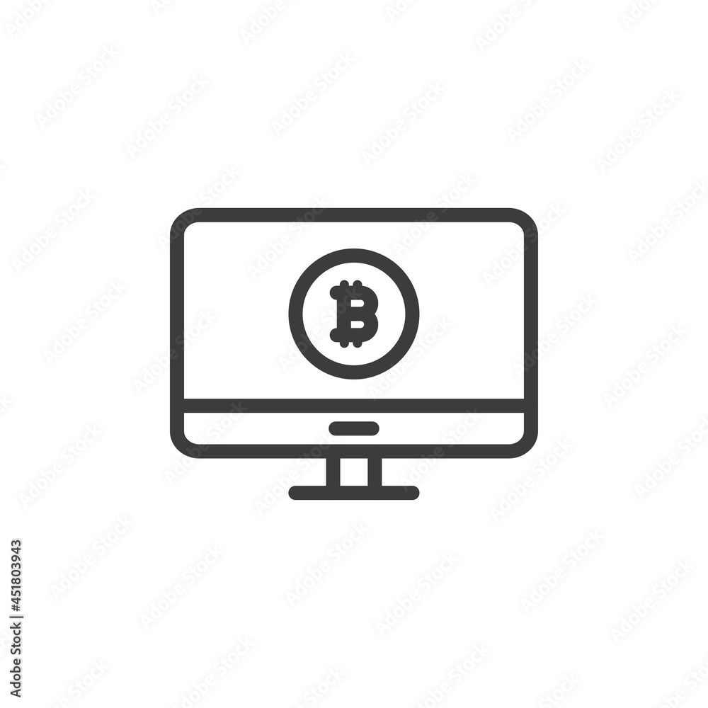 Desktop computer with bitcoin icon on white background Desktop computer with bitcoin icon on white background