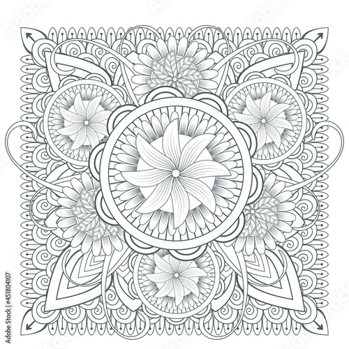 Decorative Doodle flowers in black and white for coloring book, cover or background. Hand drawn sketch for adult anti stress coloring page.-vector 