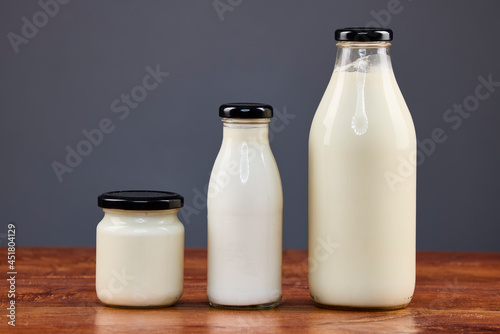 various dairy products in glass jars  organic products.