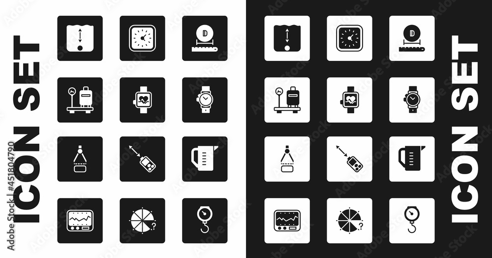 Set Diameter, Smart watch, Scale with suitcase, Depth measurement, Wrist, Clock, Measuring cup and Drawing compass icon. Vector