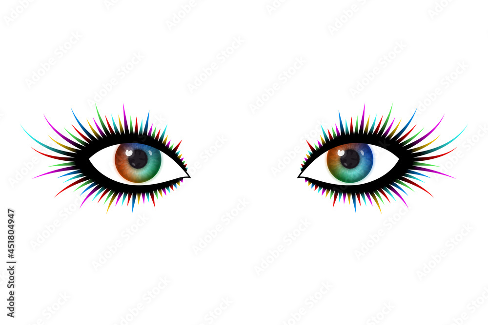 Beautiful woman's eyes with multicolored irises and colorful lashes