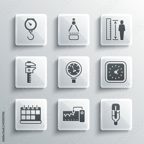 Set Measuring instrument, Medical thermometer, Clock, Pressure water, Calendar, Calliper or caliper and scale, Hand spring mechanical and height body icon. Vector