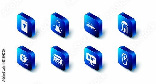 Set Angel, Hearse car, Old crypt, Coffin with cross, Speech bubble rip death, Grave and Holy bible book icon. Vector