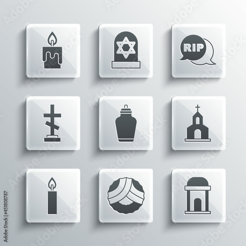 Set Memorial wreath, Old crypt, Church building, Funeral urn, Burning candle, Grave with cross, and Speech bubble rip death icon. Vector