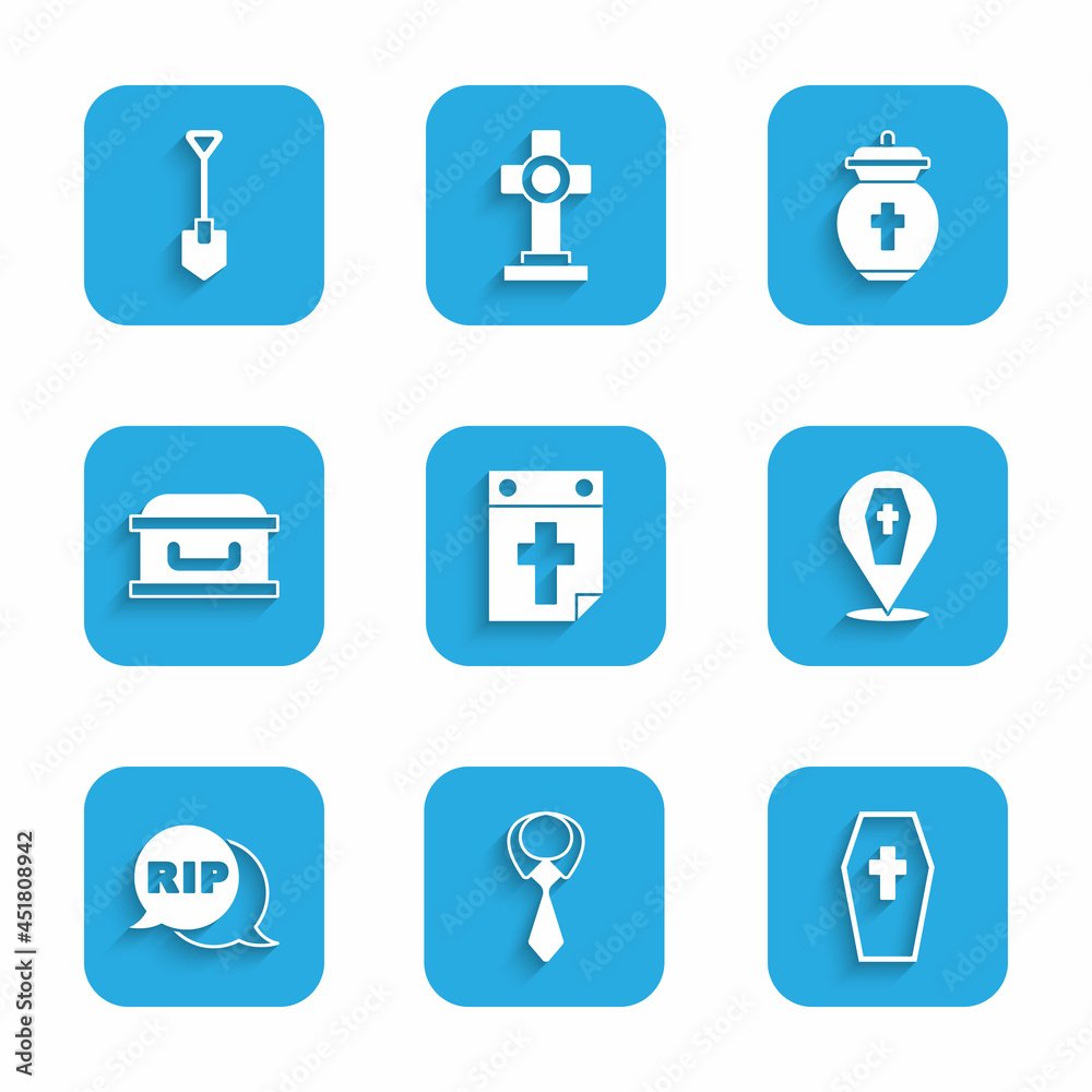 Set Calendar death, Tie, Coffin with cross, Speech bubble rip, Funeral urn and Shovel icon. Vector Set Calendar death, Tie, Coffin with cross, Speech bubble rip, Funeral urn and Shovel icon. Vector