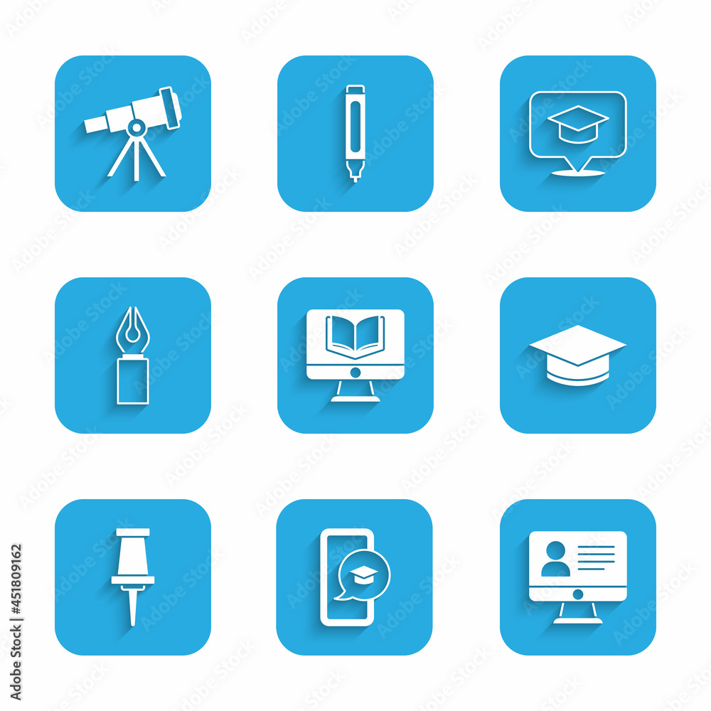 Set Online class, Graduation cap on mobile, Push pin, Fountain pen nib, speech bubble and Telescope icon. Vector Set Online class, Graduation cap on mobile, Push pin, Fountain pen nib, speech bubble and Telescope icon. Vector