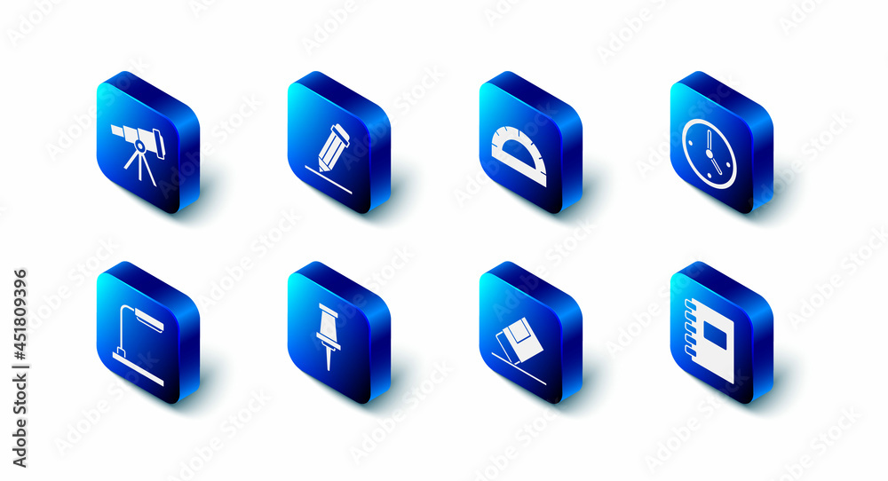 Set Pencil with eraser, Protractor grid, Clock, Spiral notebook, Eraser rubber, Push pin, Table lamp and Telescope icon. Vector Set Pencil with eraser, Protractor grid, Clock, Spiral notebook, Eraser rubber, Push pin, Table lamp and Telescope icon. Vector