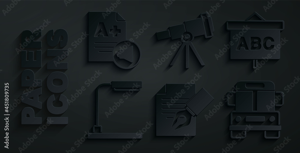 Set Exam sheet and pencil, Chalkboard, Table lamp, School Bus, Telescope and with A plus grade icon. Vector