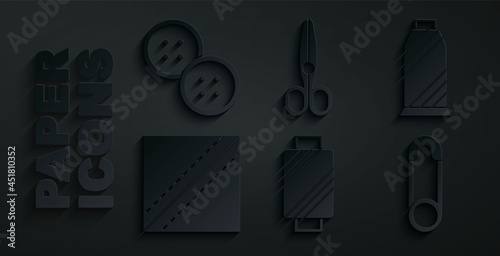 Set Sewing thread on spool, Textile fabric roll, Safety pin, Scissors and button icon. Vector