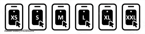 Clothing size labels on smartphone set: XS, S, M, L, XL, XXL. Flat Vector illustration.