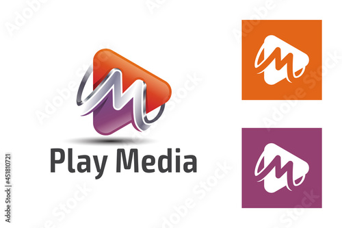 gradient play media icon with letter M symbol for multimedia, music, audio podcast logo template