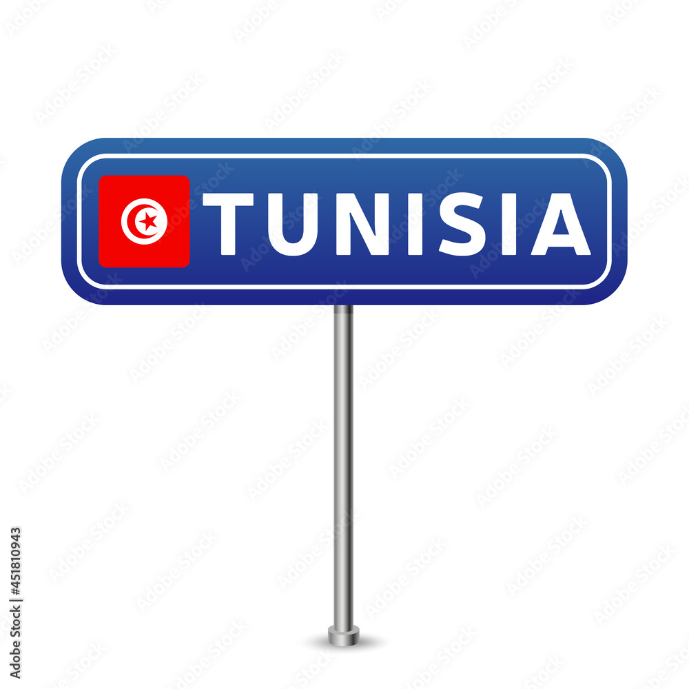 tunisia road sign. National flag with country name on blue road traffic signs board design vector illustration. tunisia road sign. National flag with country name on blue road traffic signs board design vector illustration.