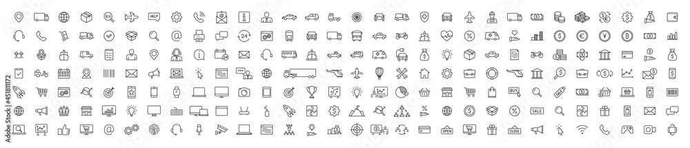 Set of 200 Delivery and logistics web icons in line style. Courier, shipping, express delivery, tracking order, support, business. Vector illustration. Set of 200 Delivery and logistics web icons in line style. Courier, shipping, express delivery, tracking order, support, business. Vector illustration.