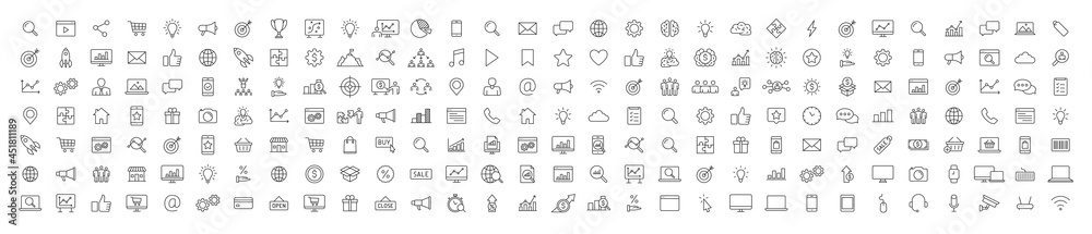 Set of 200 Digital Marketing web icons in line style. Social, networks, feedback, communication, marketing, ecommerce. Vector illustration. Set of 200 Digital Marketing web icons in line style. Social, networks, feedback, communication, marketing, ecommerce. Vector illustration.