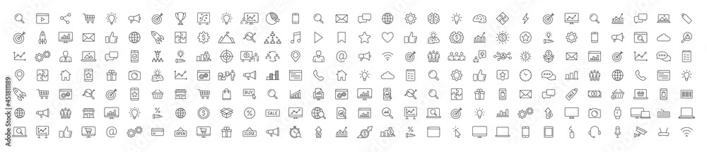 Set of 200 Digital Marketing web icons in line style. Social, networks, feedback, communication, marketing, ecommerce. Vector illustration.