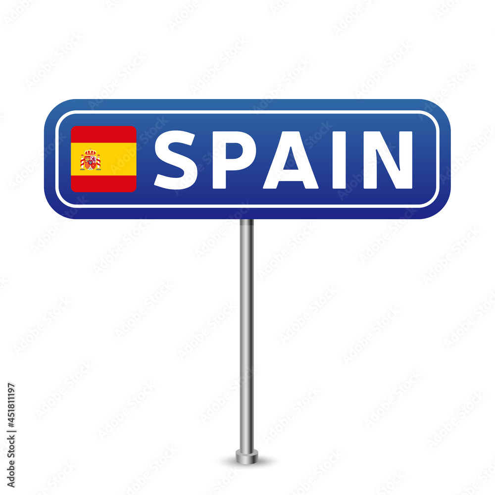 spain road sign. National flag with country name on blue road traffic signs board design vector illustration. spain road sign. National flag with country name on blue road traffic signs board design vector illustration.