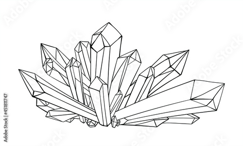 Vector line drawn crystals. Black and white illustration for coloring book for adults and children. Mineral quartz
