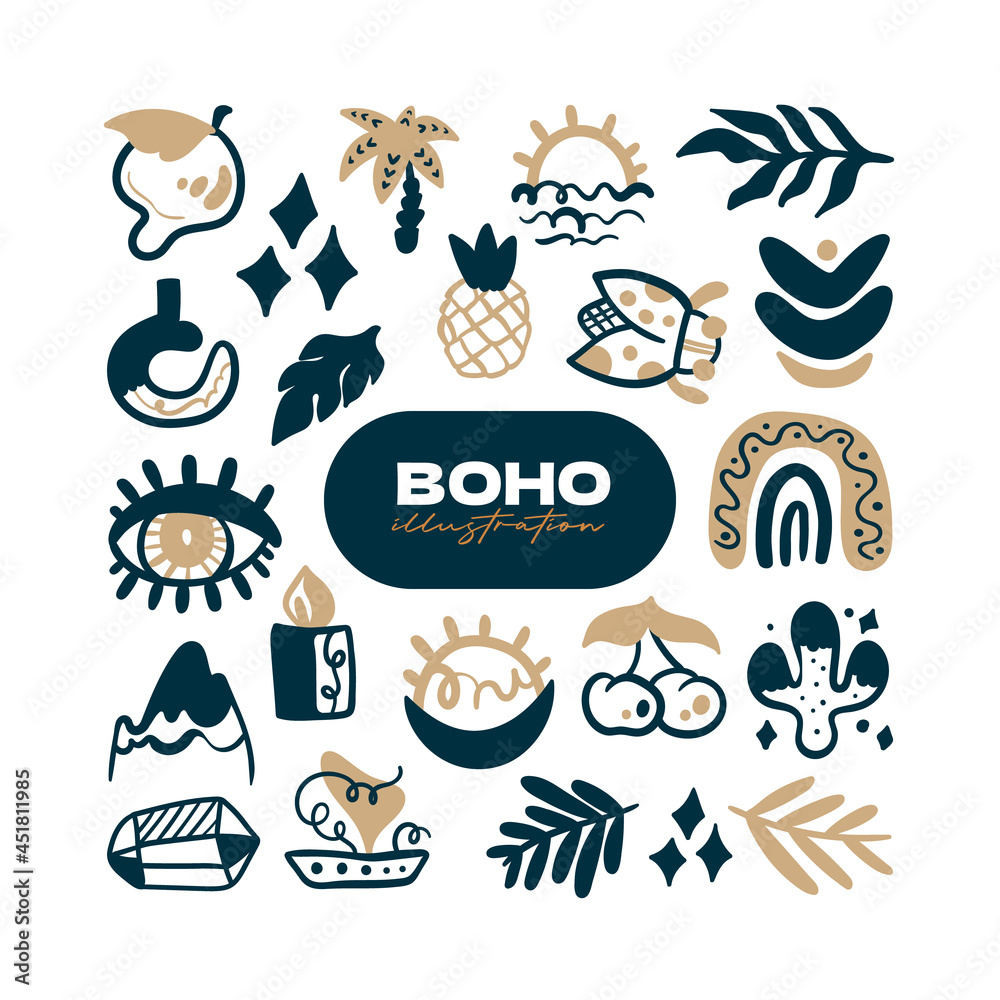 Abstract boho vector shapes. Doodle icon for fashion design, summer season or natural concept. Modern hand drawn illustration.