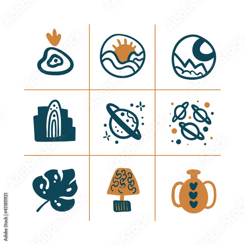 Abstract boho vector shapes. Doodle icon for fashion design, summer season or natural concept. Modern hand drawn illustration.