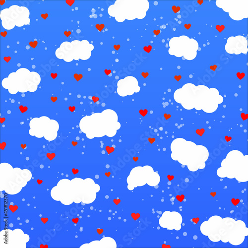 Rain drops of red hearts on blue background vector illustration. Vector clouds.