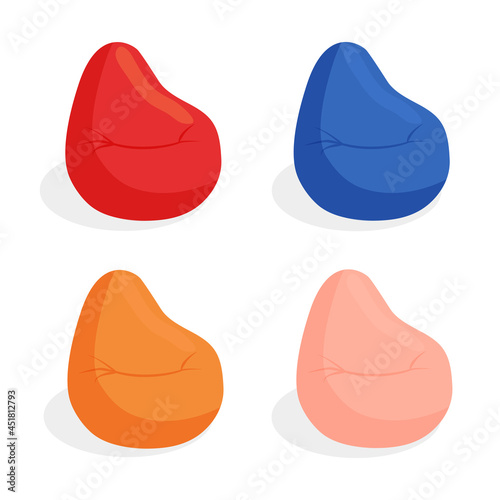 Set of soft pillows, pouf for sitting isolated on a white background. Comfortable fluffy seat, beanbag, upholstered furniture, flexible seat. Vector illustration in flat style. Collection.