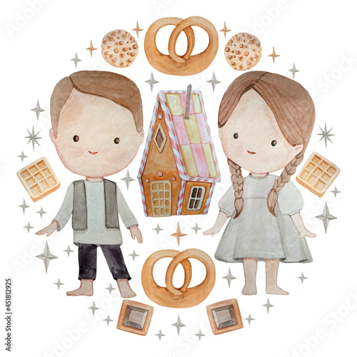 Canvas Print Watercolor Hansel and Gretel round composition on the white background
