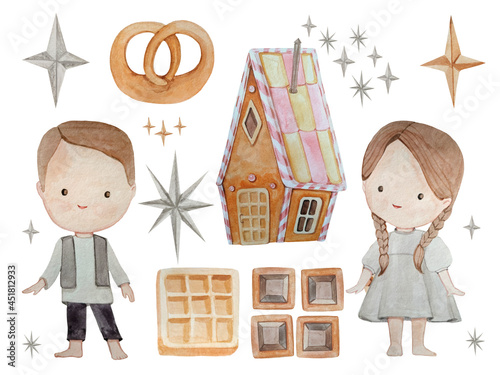 Obraz na plátně Watercolor Hansel and Gretel set on the white background
