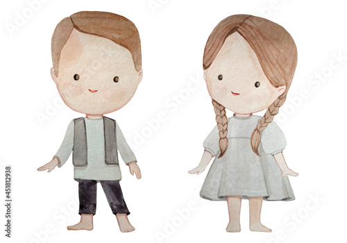Canvas Print Watercolor Hansel and Gretel on the white background