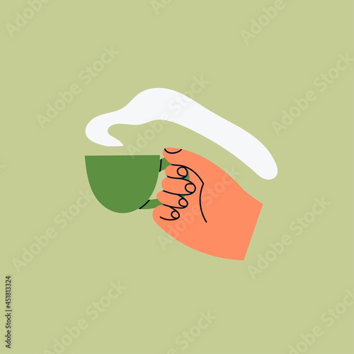 Hand holding a Cup with hot tea or coffee. Hand drawn colored trendy Vector isolated illustration. Cartoon style. Flat design. Print, poster, logo, social media icon template for your own design