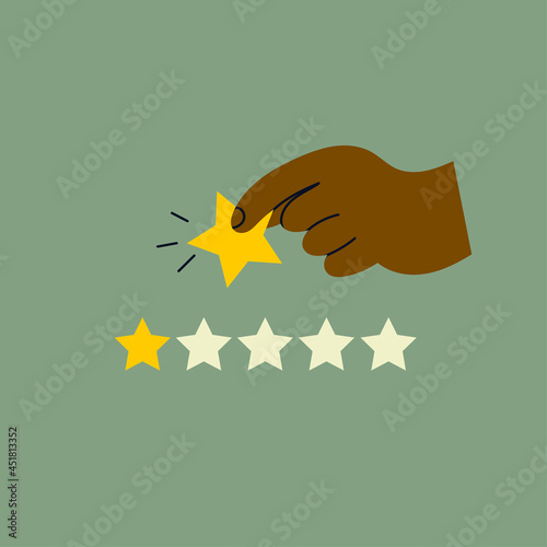 Black Hand holding a Star. Rating stars concept. Hand drawn colored trendy Vector isolated illustration. Cartoon style. Flat design. Print, poster, logo, social media icon template for your own design