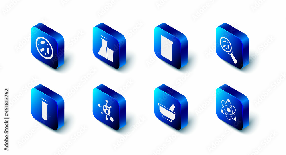 Set Test tube and flask, Laboratory glassware or beaker, Microorganisms under magnifier, Atom, Mortar pestle, Molecule, and Petri dish with bacteria icon. Vector Set Test tube and flask, Laboratory glassware or beaker, Microorganisms under magnifier, Atom, Mortar pestle, Molecule, and Petri dish with bacteria icon. Vector