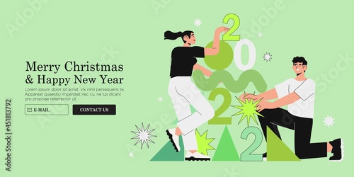 People decorate christmas tree with abstract shapes. Team, colleagues or employees prepare for holiday celebration.