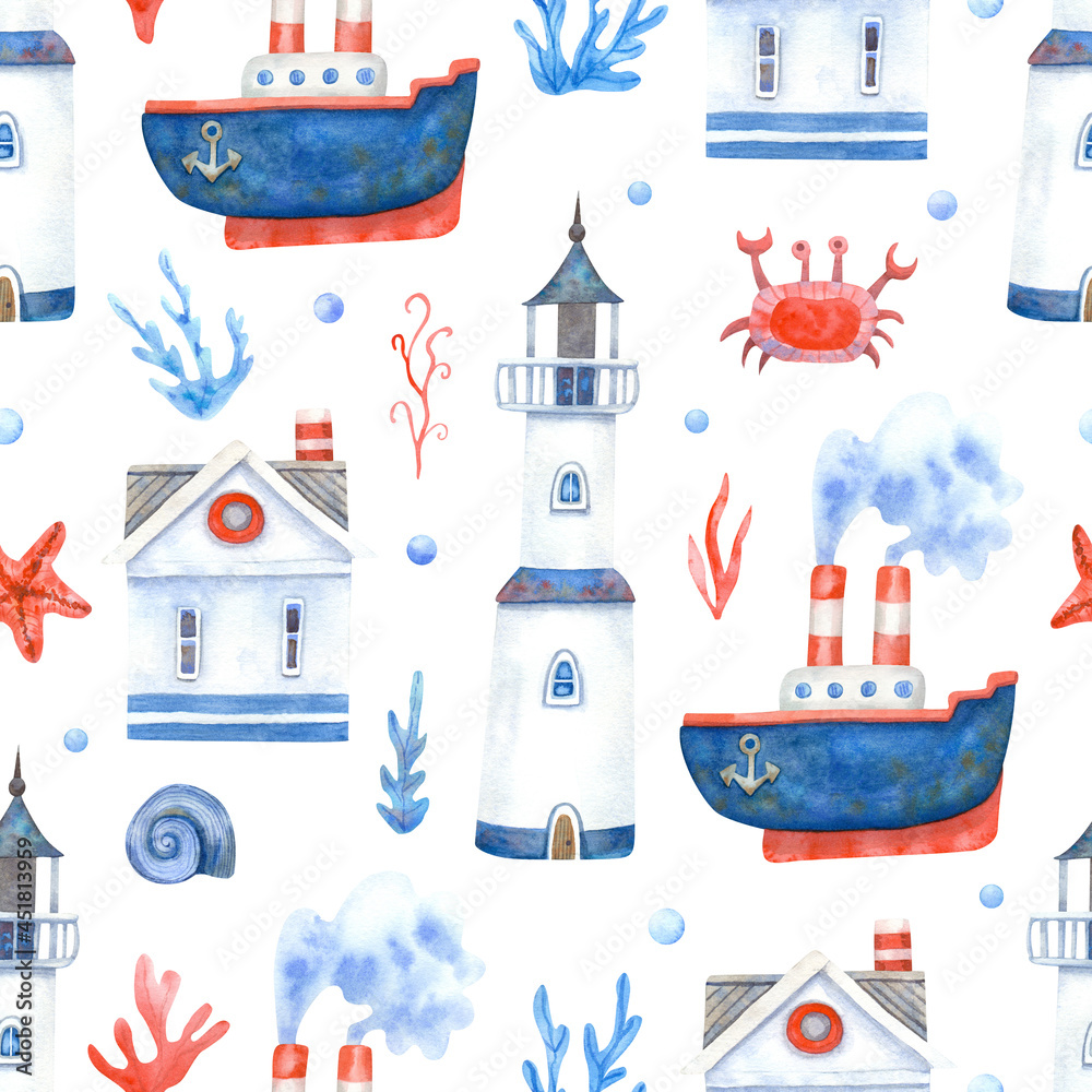 Watercolor seamless pattern with ships, crabs, starfish, sea houses, seaweeds and lighthouses on white. Great for fabrics, wrapping papers, wallpapers, linens, playrooms. Hand painted illustration.