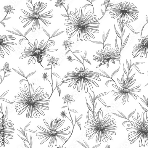 Daisy flower. Seamless pattern. Vector Sketch illustration. Fabric design.