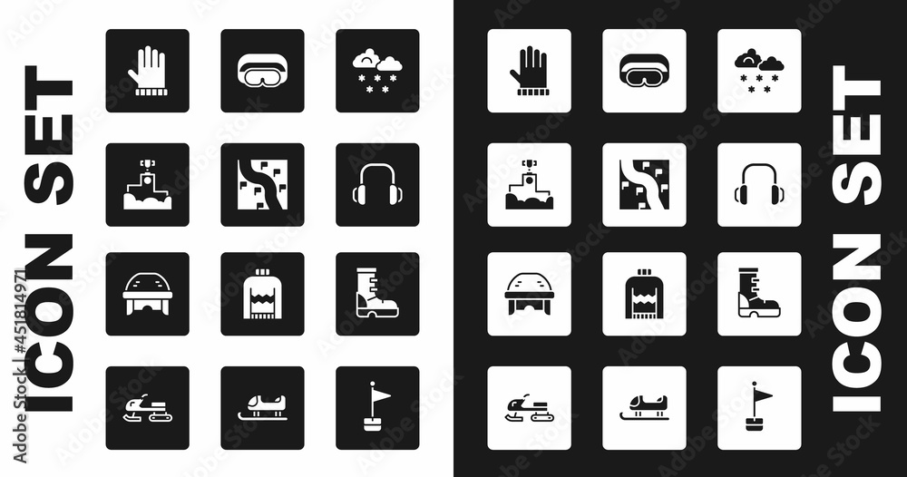 Set Cloud with snow, Route location, Award winner podium, Christmas mitten, Winter headphones, Ski goggles, Waterproof rubber boot and Hockey helmet icon. Vector Set Cloud with snow, Route location, Award winner podium, Christmas mitten, Winter headphones, Ski goggles, Waterproof rubber boot and Hockey helmet icon. Vector