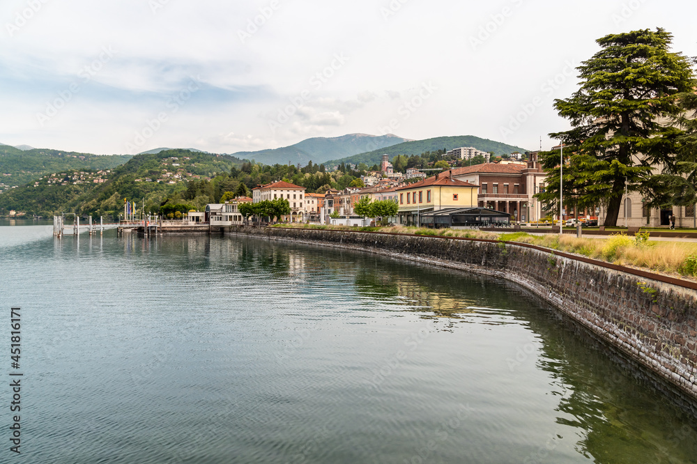 Lakefront of the tourist town Luino on the shore of Lake Maggiore in province of Varese, Italy