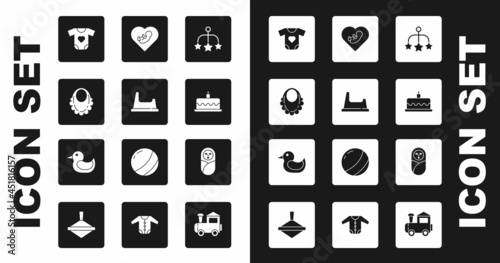Set Baby crib hanging toys, potty, bib, clothes, Cake with burning candles, inside heart, Newborn baby infant swaddled and Rubber duck icon. Vector