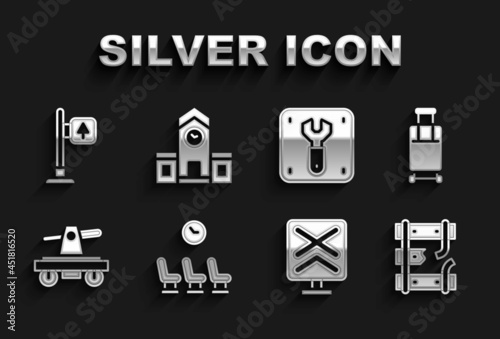 Set Waiting room, Suitcase, Broken rails on railway, Railroad crossing, Draisine or handcar, Repair of, Road traffic signpost and Railway station icon. Vector