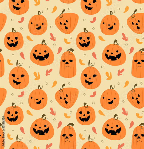 Seamless pattern with emotional halloween pumpkins in cartoon style