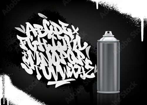Handwritten graffiti font alphabet on spray paint background with aluminium aerosol can. Vector illustration
