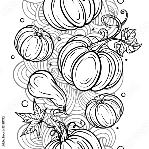 Black and white pumpkins and leaves vertical seamless border. Thanksgiving decoration or antistress coloring page.