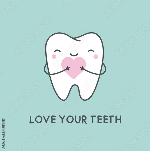 Cute Tooth character illustration. Clear tooth concept. Brushing and cleaning teeth. Dental care for kids.