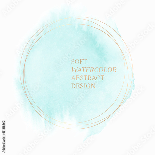 Aqua blue watercolor paint background with golden round frame - Vector. Pastel art abstract design for logo, sale banner or invitation card.	